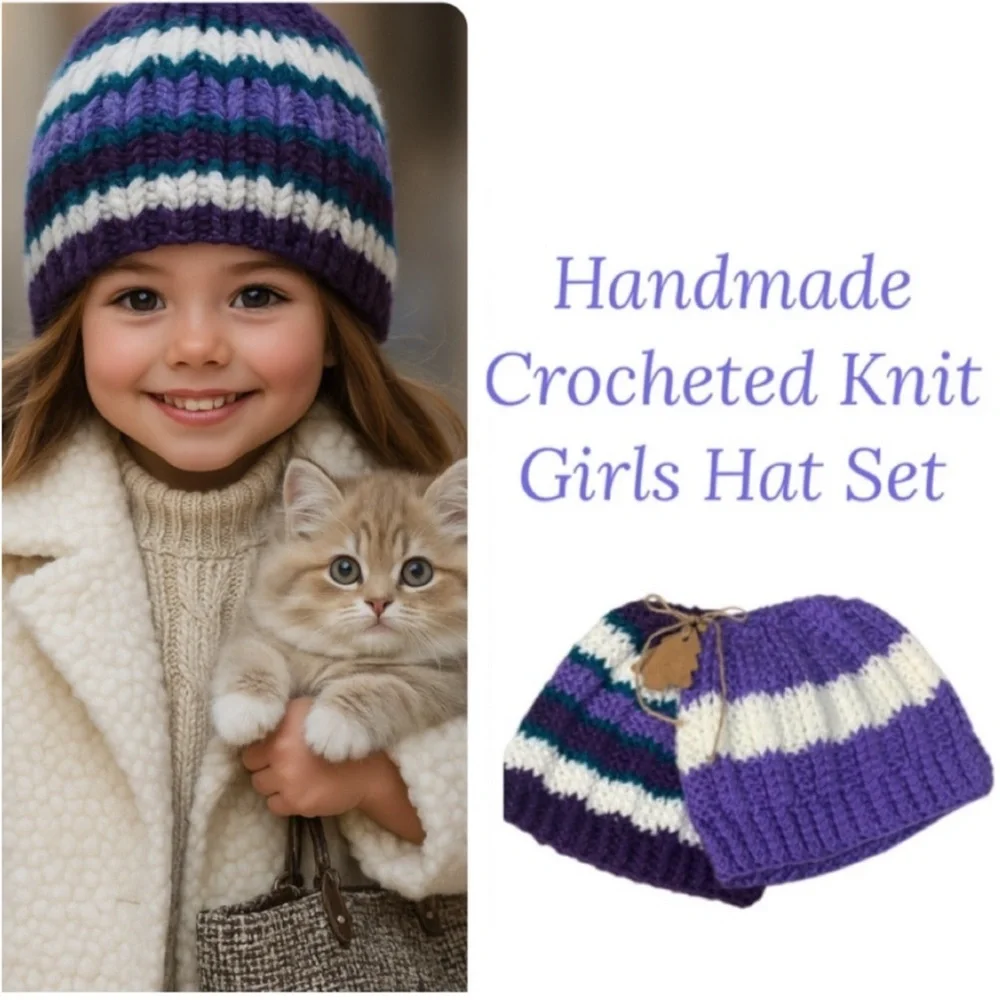 Handmade Crochet Beanie Set Winter Textured Sweater Knit Metallic Purple Aqua